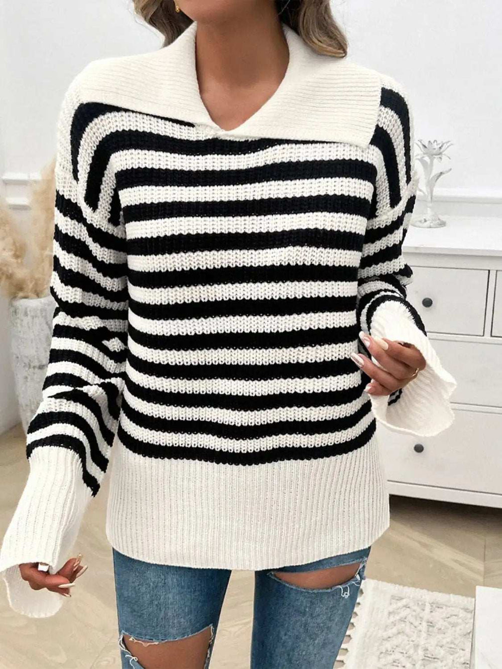 Striped Collared Neck Long Sleeve Sweater - Trendsi - Flyclothing LLC