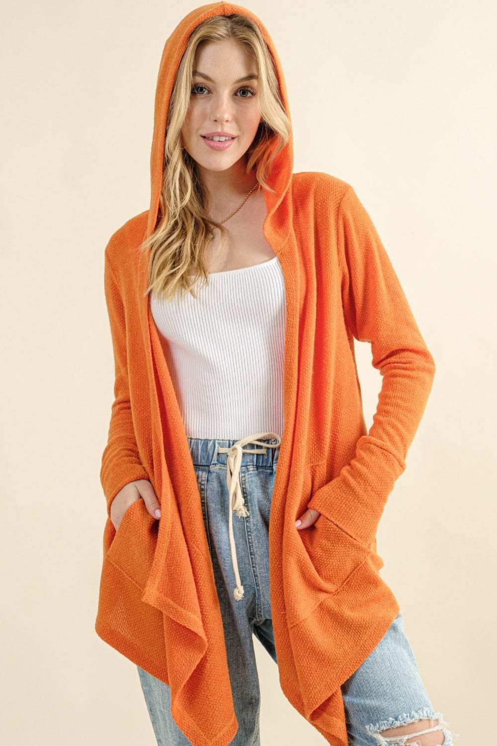 And The Why Full Size Thermal Hooded Open Front Cardigan with Pockets - Trendsi - Flyclothing LLC