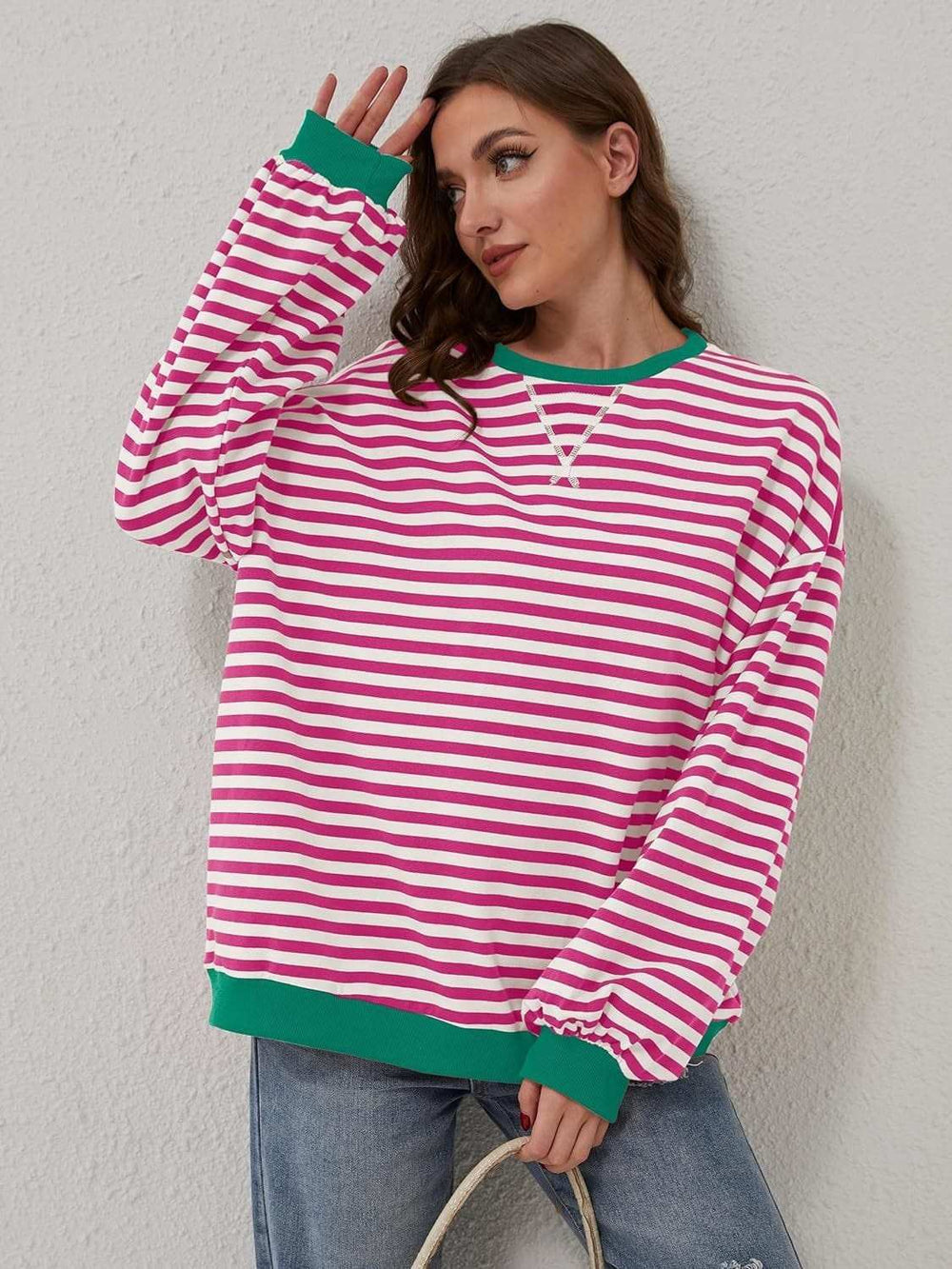 Contrast Striped Long Sleeve Sweatshirt - Trendsi - Flyclothing LLC