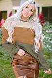 Waffle-Knit Color Block Round Neck Long Sleeve Blouse - Trendsi - Flyclothing LLC