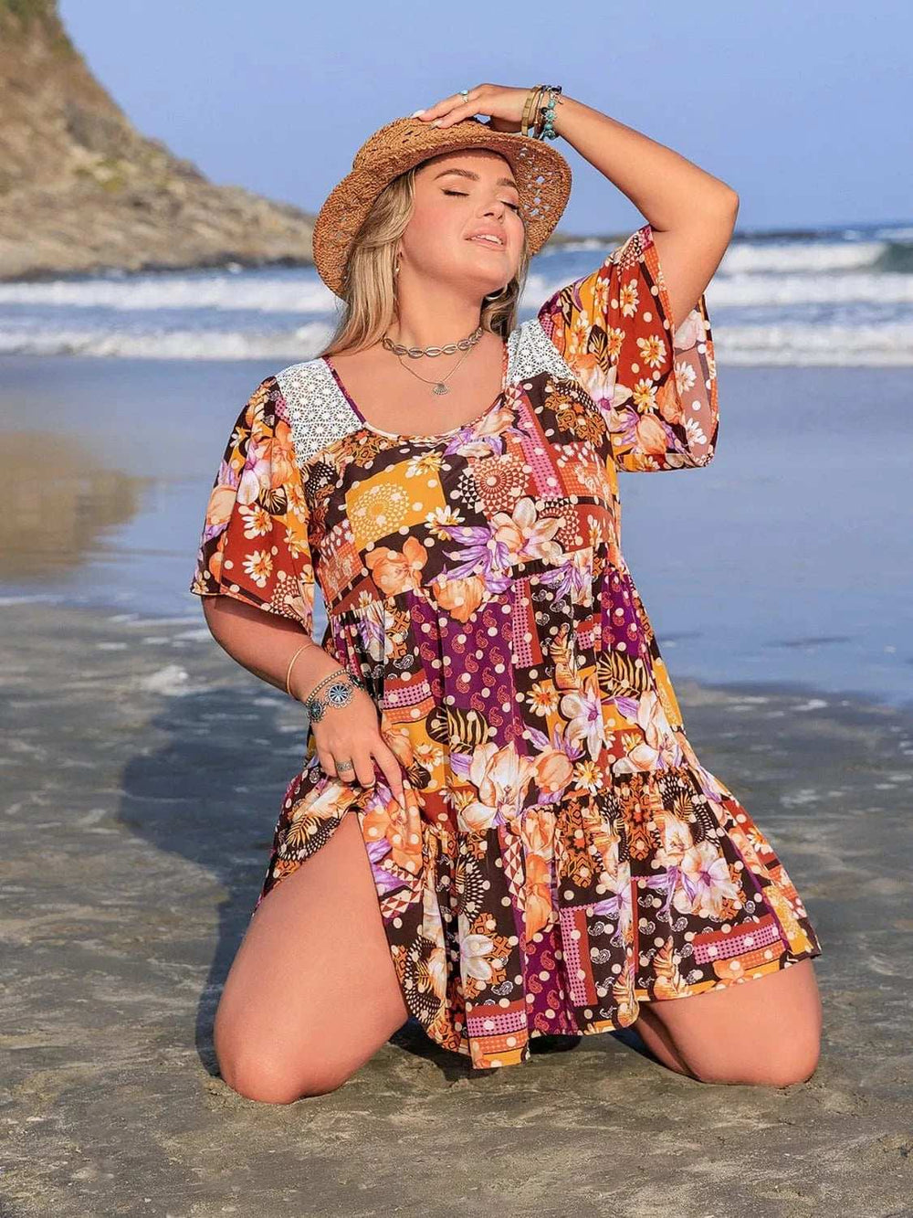 Plus Size Printed Round Neck Short Sleeve Dress - Trendsi - Flyclothing LLC