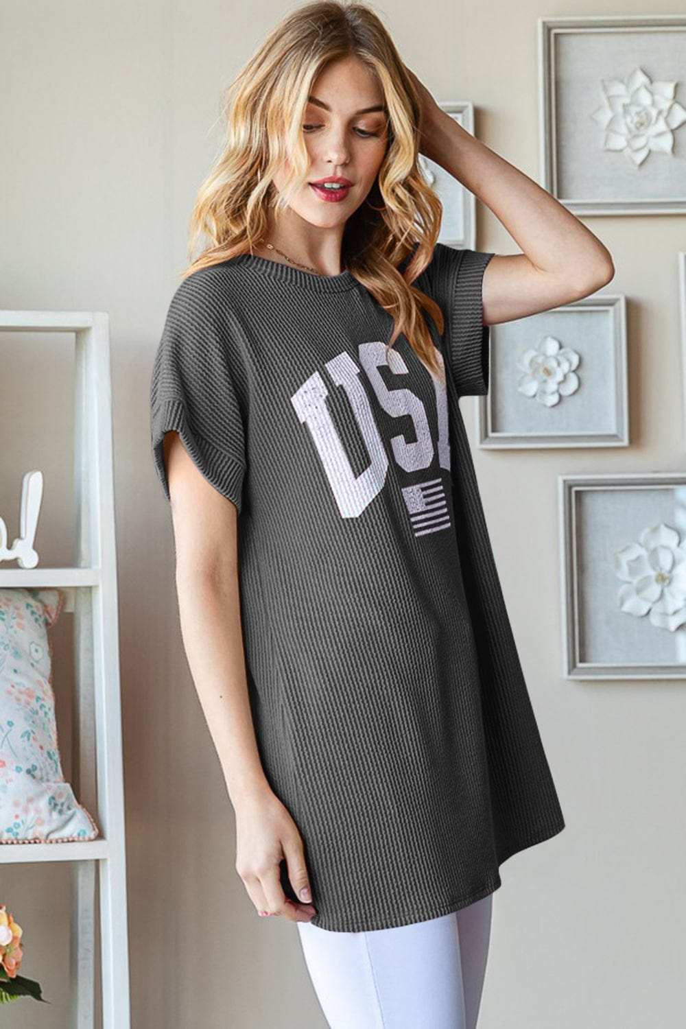 Heimish Full Size USA Graphic Short Sleeve Ribbed Top - Trendsi - Flyclothing LLC