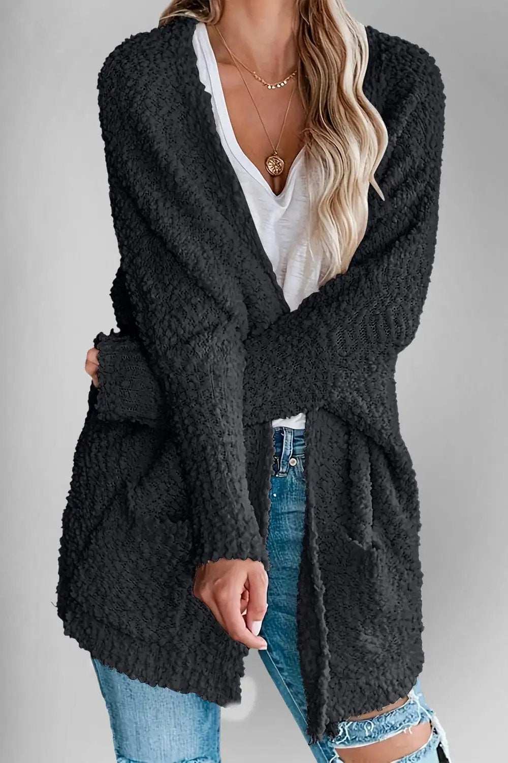 Double Take Pocketed Open Front Long Sleeve Cardigan - Trendsi - Flyclothing LLC