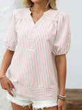 Striped Notched Puff Sleeve Blouse - Trendsi - Flyclothing LLC