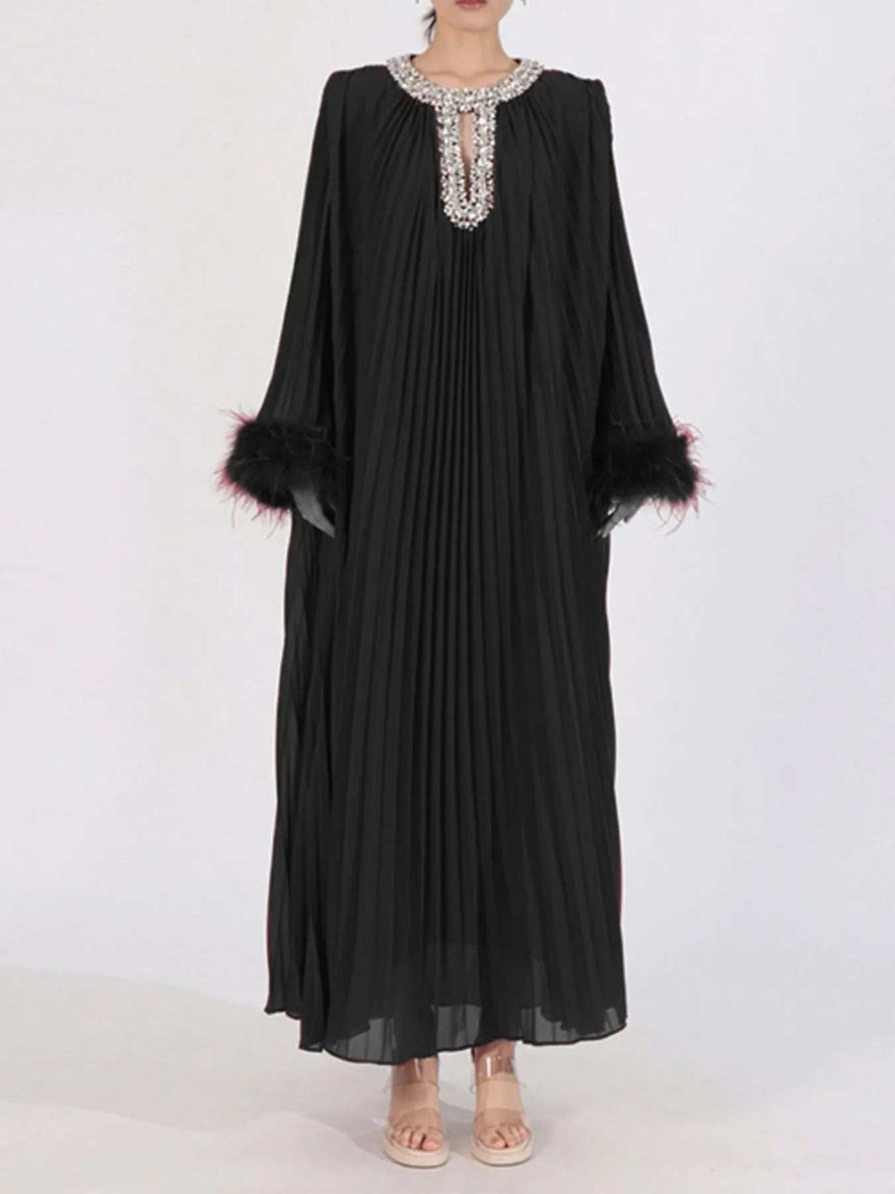 Rhinestone Long Sleeve Maxi Dress - Trendsi - Flyclothing LLC