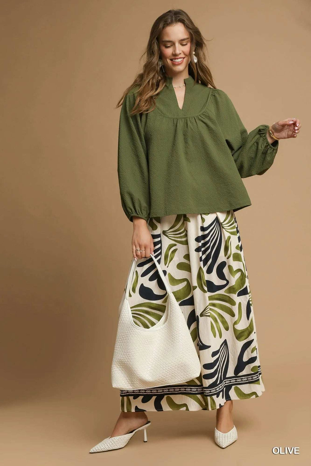 Umgee Textured Notched Blouse with Balloon Sleeves - Trendsi - Flyclothing LLC