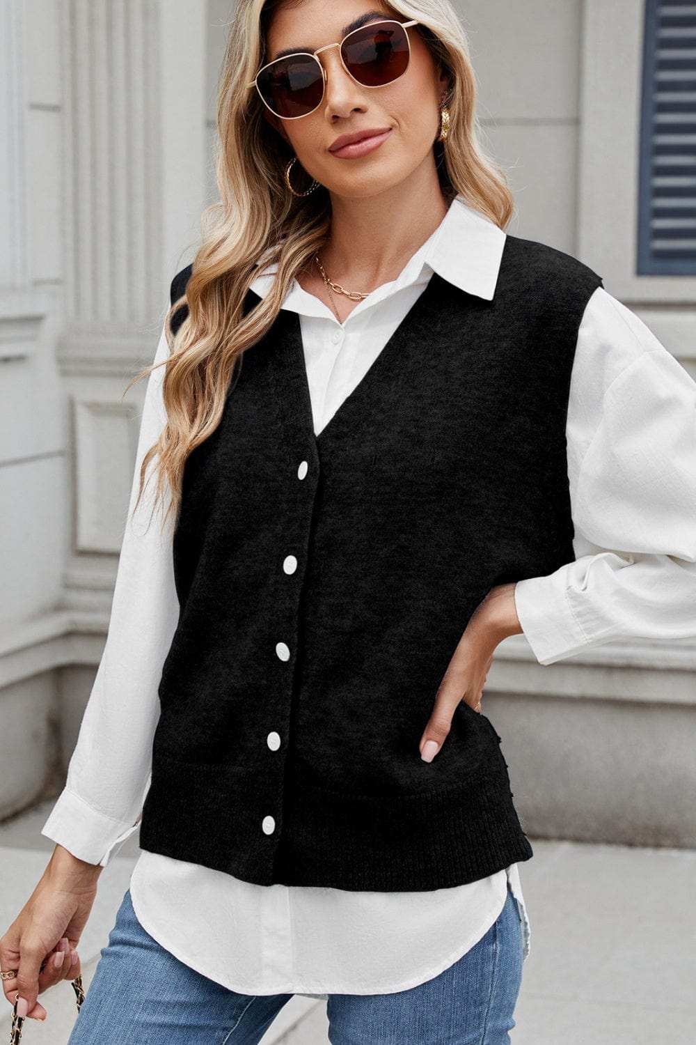 Button Down V-Neck Sweater Vest - Trendsi - Flyclothing LLC