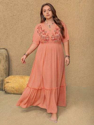 Plus Size Frill Embroidered V-Neck Half Sleeve Maxi Dress - Trendsi - Flyclothing LLC
