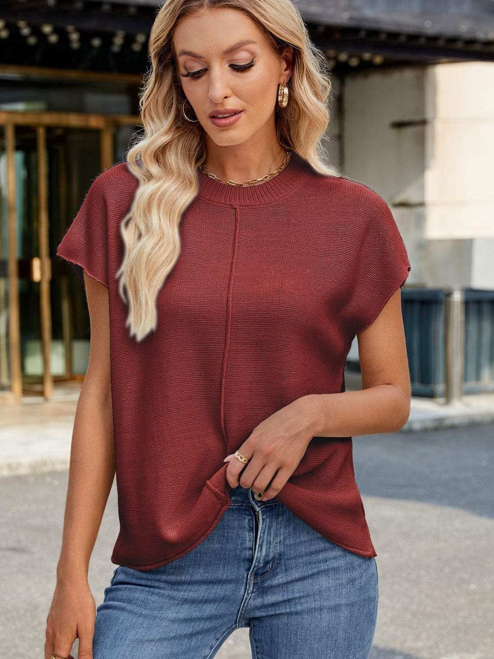 Exposed Seam Round Neck Short Sleeve Sweater - Trendsi - Flyclothing LLC