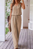 Button Down Vest and Drawstring Wide Leg Pants Set - Trendsi - Flyclothing LLC