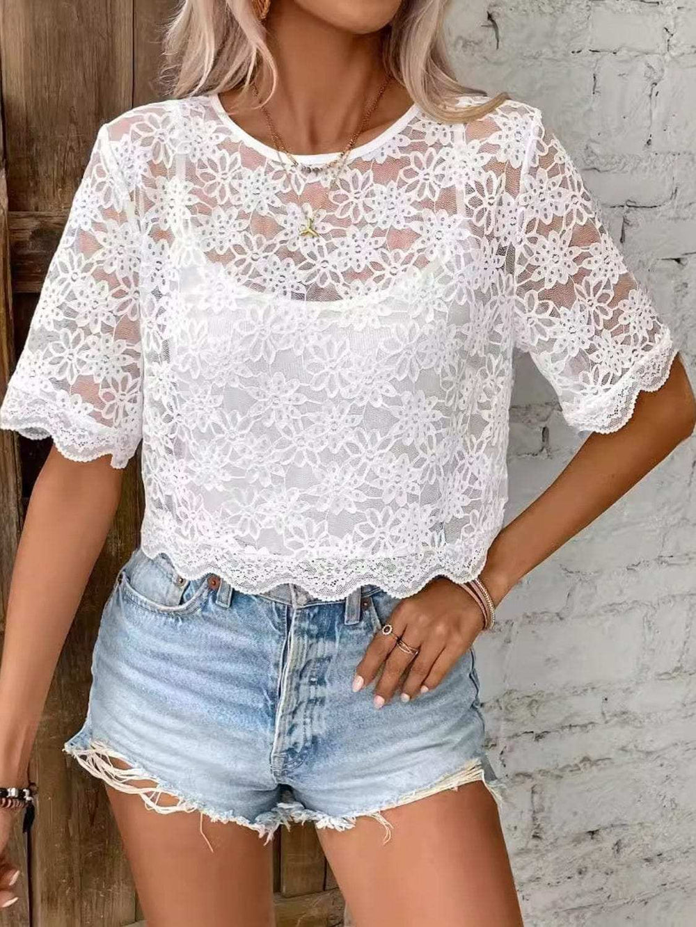 Flower Texture Round Neck Short Sleeve Top - Trendsi - Flyclothing LLC