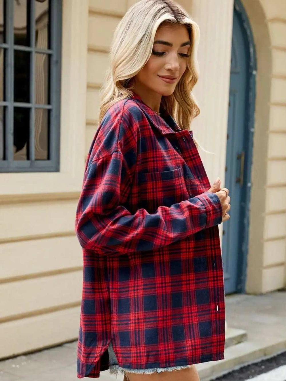 Plaid Collared Neck Long Sleeve Shirt - Trendsi - Flyclothing LLC