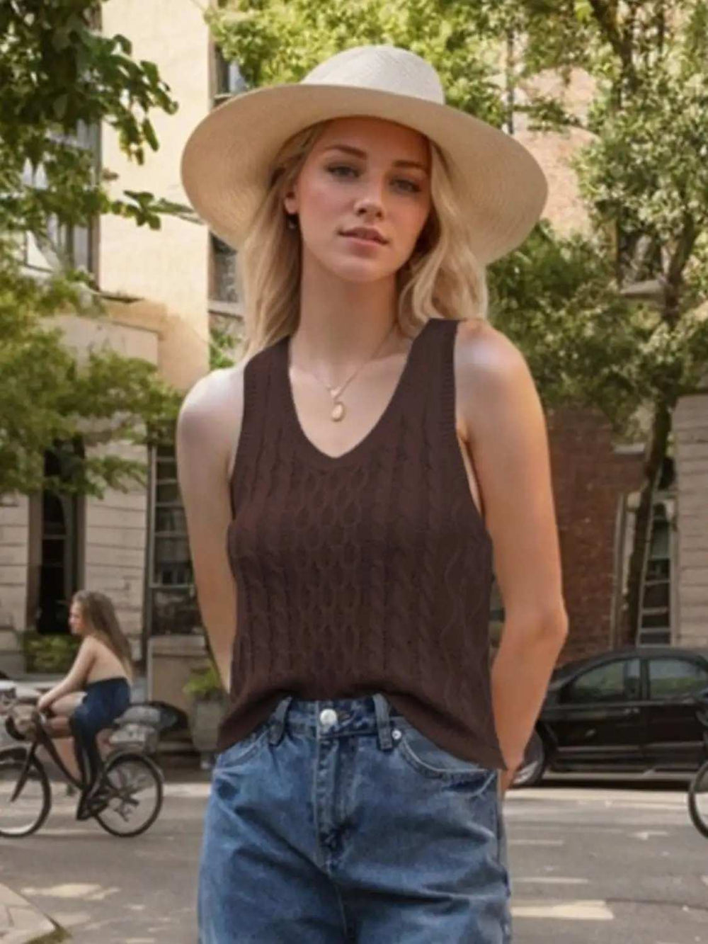 Cable-Knit V-Neck Knit Tank - Trendsi - Flyclothing LLC