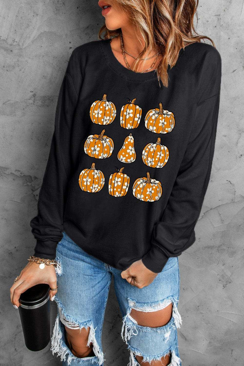 Pumpkin Round Neck Long Sleeve Sweatshirt - Trendsi - Flyclothing LLC