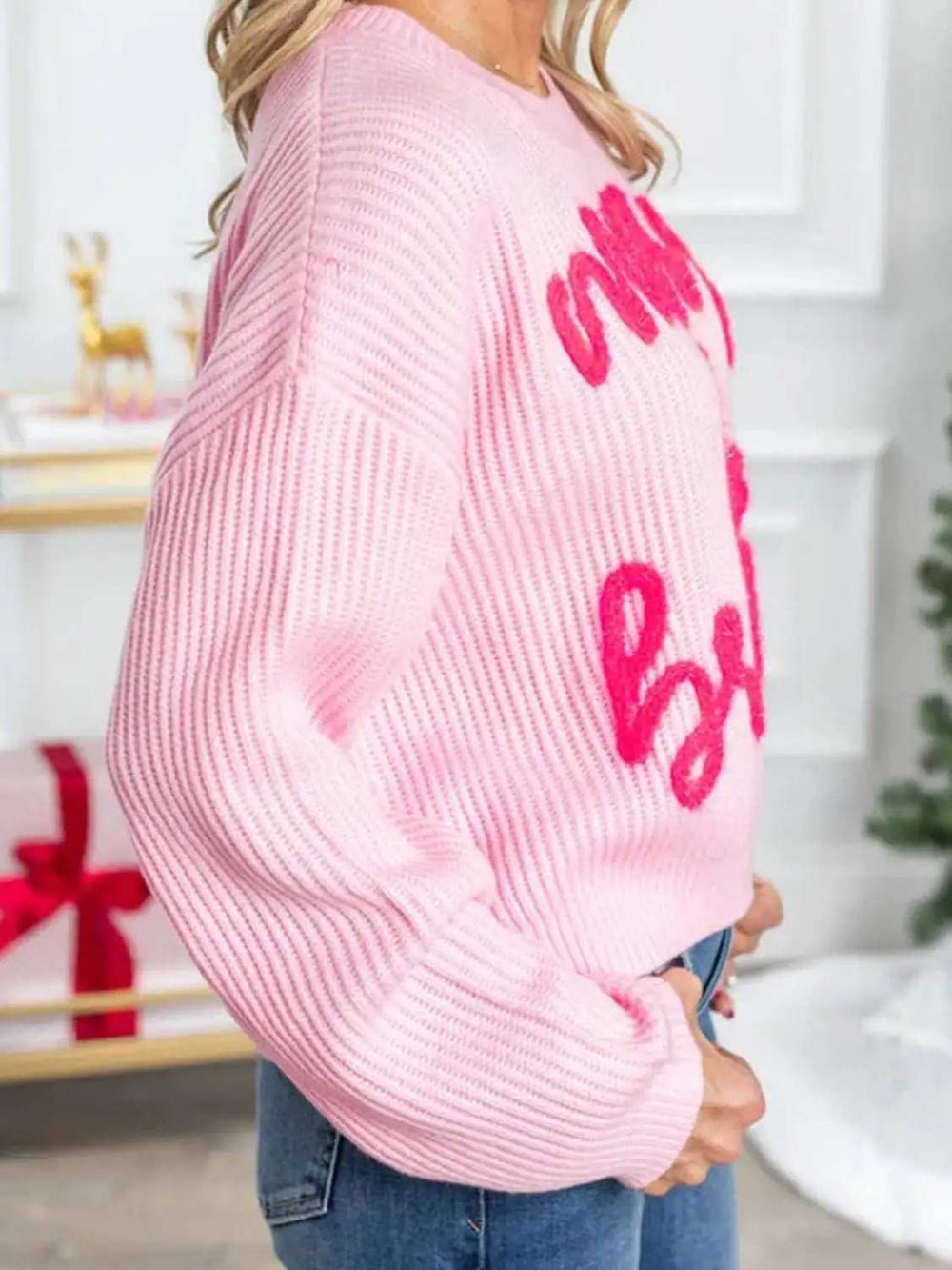 Letter Round Neck Long Sleeve Sweater - Trendsi - Flyclothing LLC