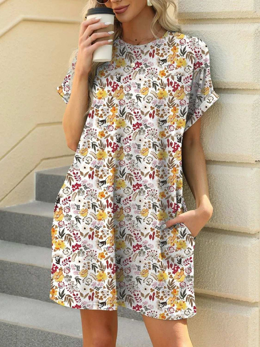 Printed Round Neck Short Sleeve Mini Dress - Trendsi - Flyclothing LLC