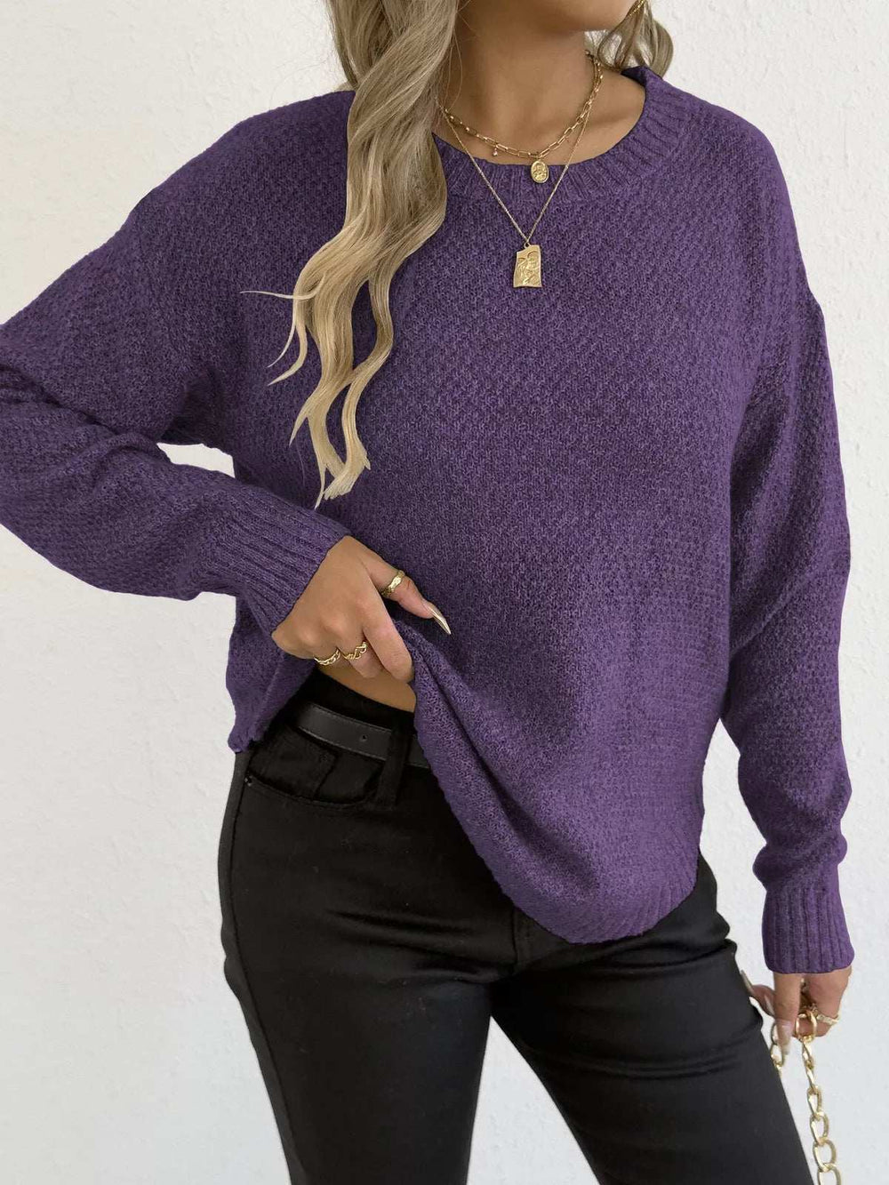 Textured Knit Relaxed Fit Round Neck Sweater - Trendsi - Flyclothing LLC