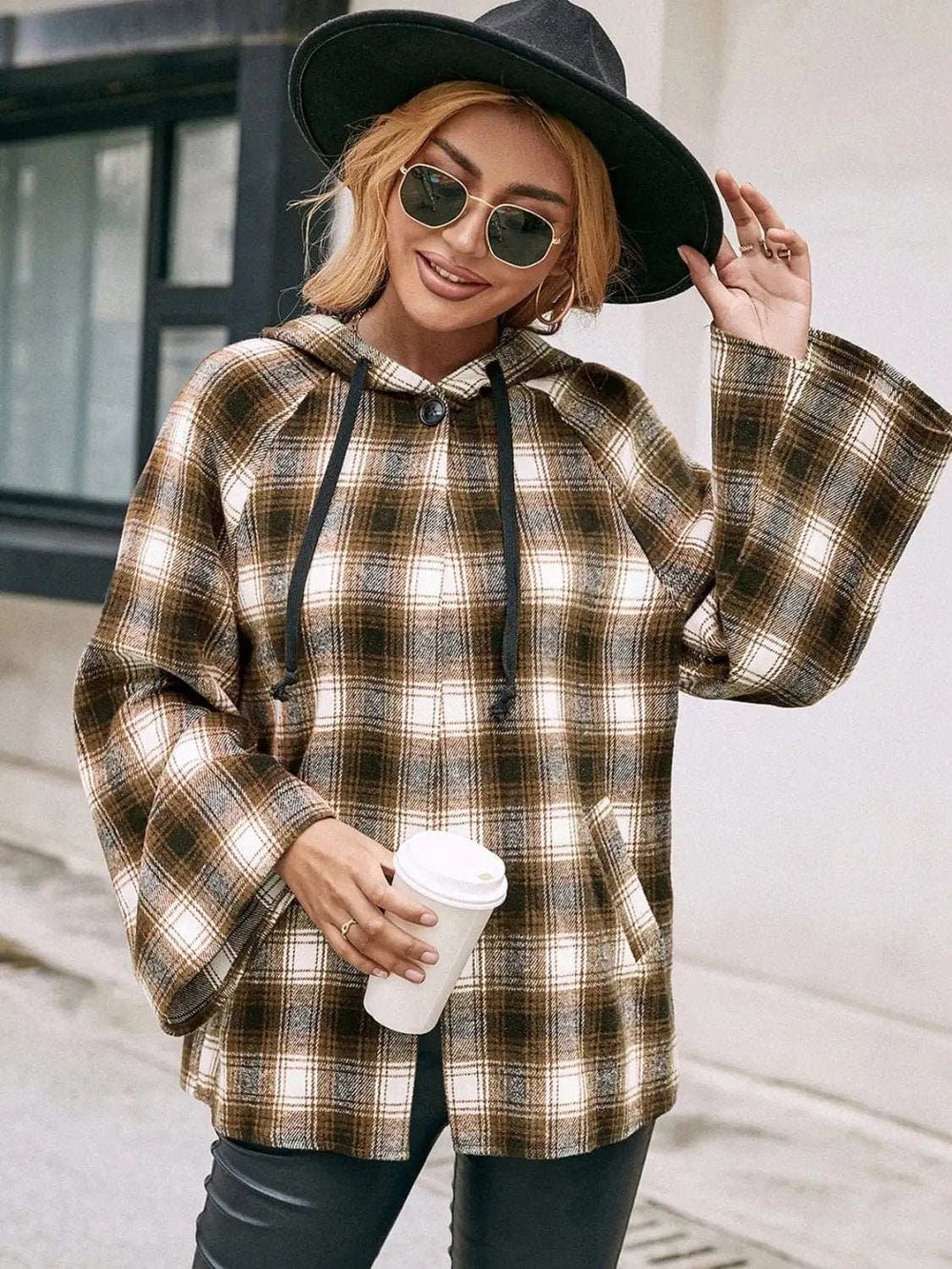 Pocketed Plaid Long Sleeve Hooded Jacket - Trendsi - Flyclothing LLC