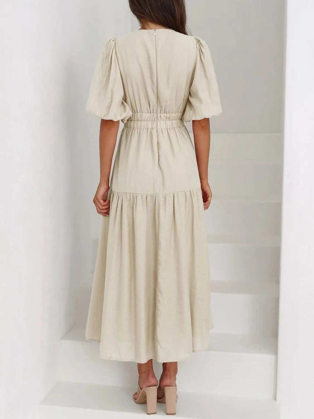 V-Neck Puff Sleeve Midi Dress - Trendsi - Flyclothing LLC