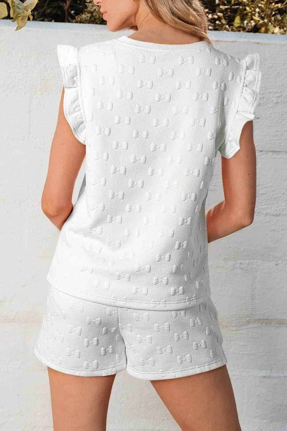 Bow Texture Round Neck Top and Shorts Set - Trendsi - Flyclothing LLC