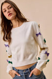 SO ME Mardi Gras Glitter Bow Ribbon Sweater Knit Top - Trendsi - Flyclothing LLC