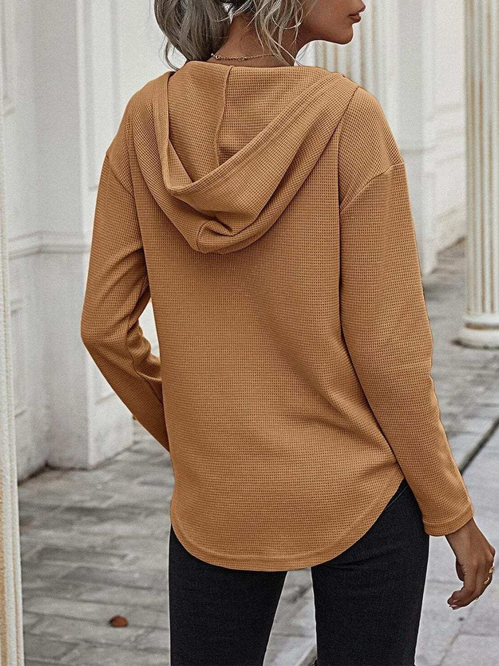 Drawstring Waffle Knit Long Sleeve Hooded Top - Trendsi - Flyclothing LLC