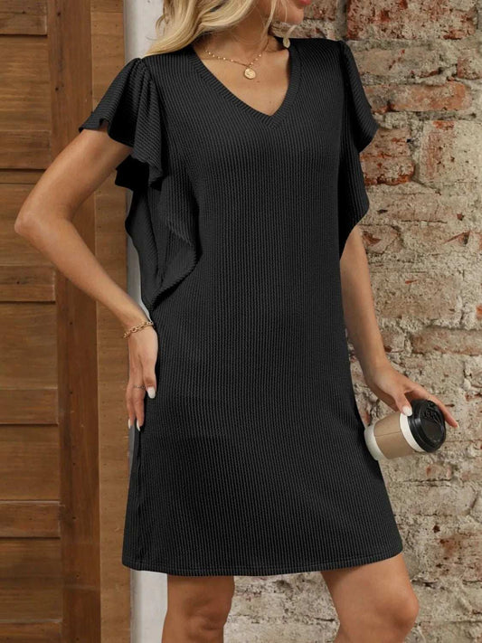 Ruffled V-Neck Cap Sleeve Mini Dress - Trendsi - Flyclothing LLC
