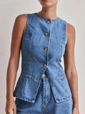 Button Down Denim Vest - Trendsi - Flyclothing LLC