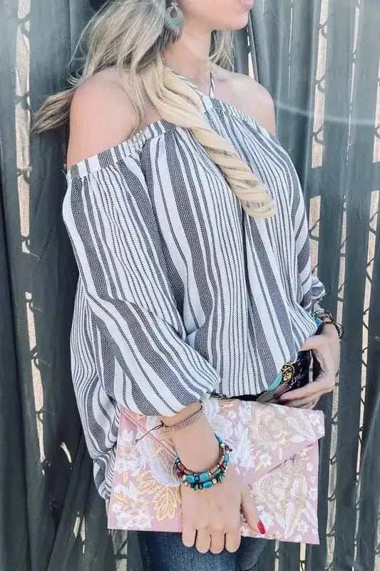 And The Why Stripe Printed Cold Shoulder Halter Neck Top - Trendsi - Flyclothing LLC