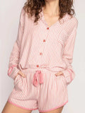 Striped Collared Neck Long Sleeve Top and Shorts Lounge Set - Trendsi - Flyclothing LLC