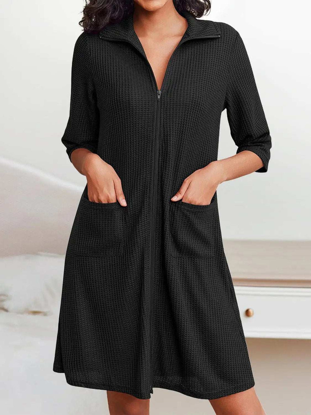 Waffle-Knit Zip Up Half Sleeve Dress - Trendsi - Flyclothing LLC