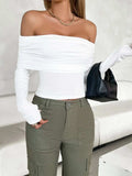 Ruched Off-Shoulder Long Sleeve T-Shirt - Trendsi - Flyclothing LLC