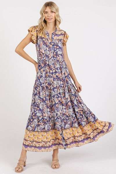 Mittoshop Floral Ruffled Notched Cap Sleeve Maxi Dress - Trendsi - Flyclothing LLC