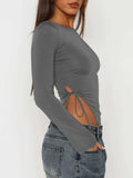 Tied Slit Round Neck Long Sleeve T-Shirt - Trendsi - Flyclothing LLC