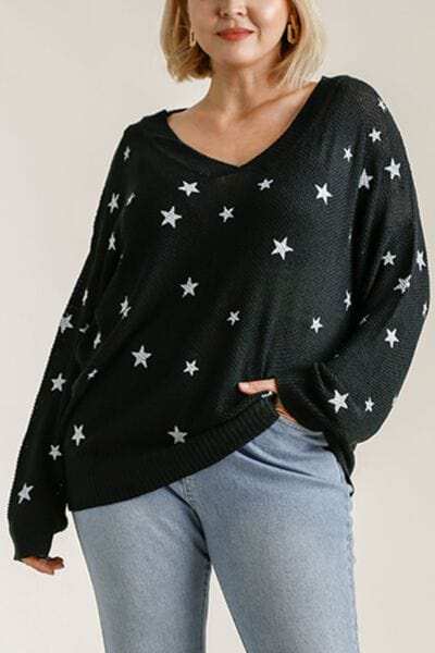 Umgee Full Size Star V-Neck Long Sleeve Sweater Plus Size - Trendsi - Flyclothing LLC