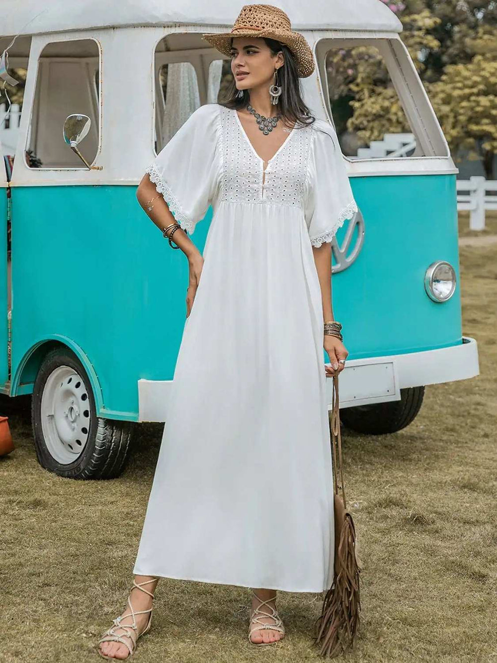 Lace Detail Eyelet V-Neck Half Sleeve Dress - Trendsi - Flyclothing LLC