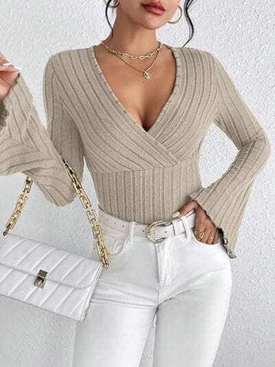 Ribbed Flare Sleeve Top - Trendsi - Flyclothing LLC
