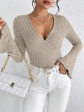 Ribbed Flare Sleeve Top - Trendsi - Flyclothing LLC