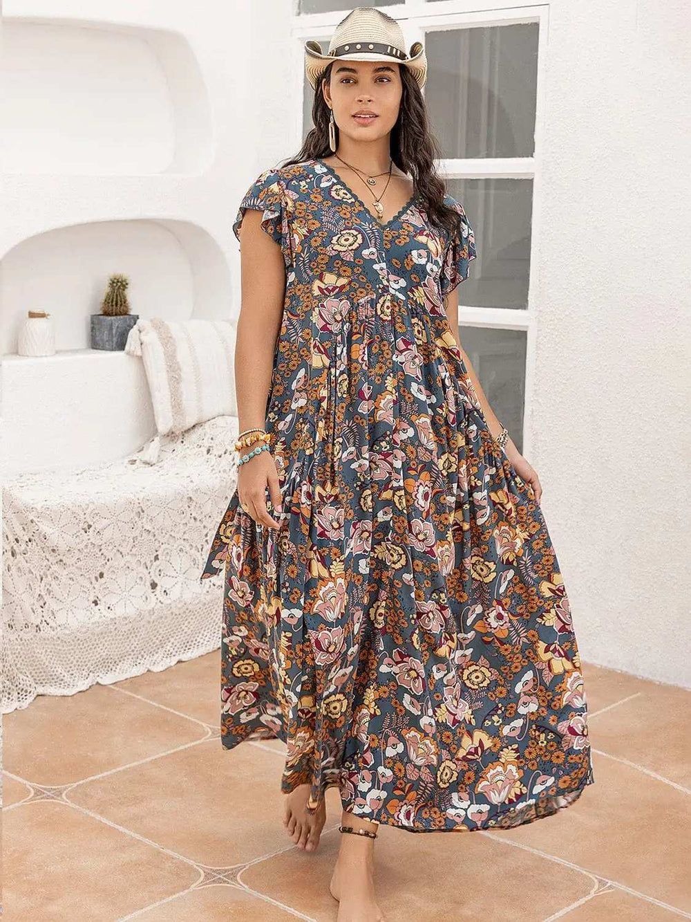 Plus Size Ruffled Printed Cap Sleeve Dress - Trendsi - Flyclothing LLC