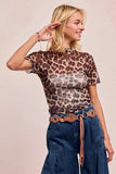 BiBi High Neck Leopard Mesh Short Sleeves Top - Trendsi - Flyclothing LLC