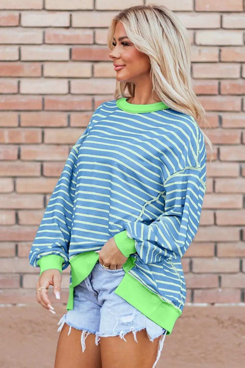 High-Low Striped Long Sleeve Sweatshirt - Trendsi - Flyclothing LLC