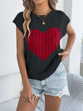 Cable Knit Heart Round Neck Cap Sleeve Knit Top - Trendsi - Flyclothing LLC