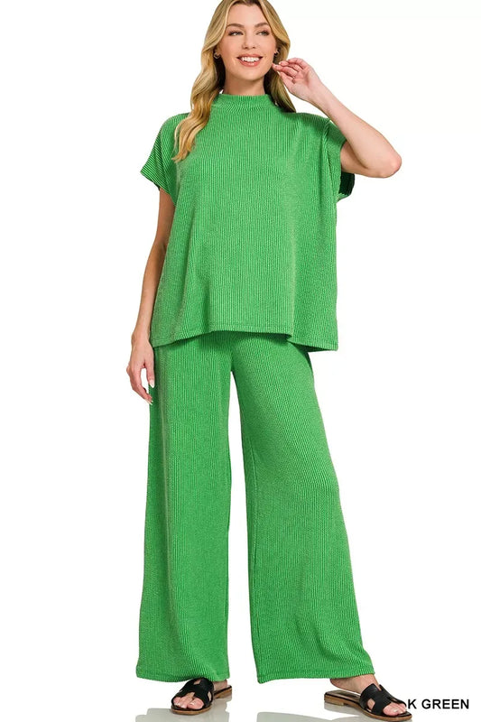 Zenana Raised Rib Short Sleeve Tee & Pants Set - Trendsi - Flyclothing LLC