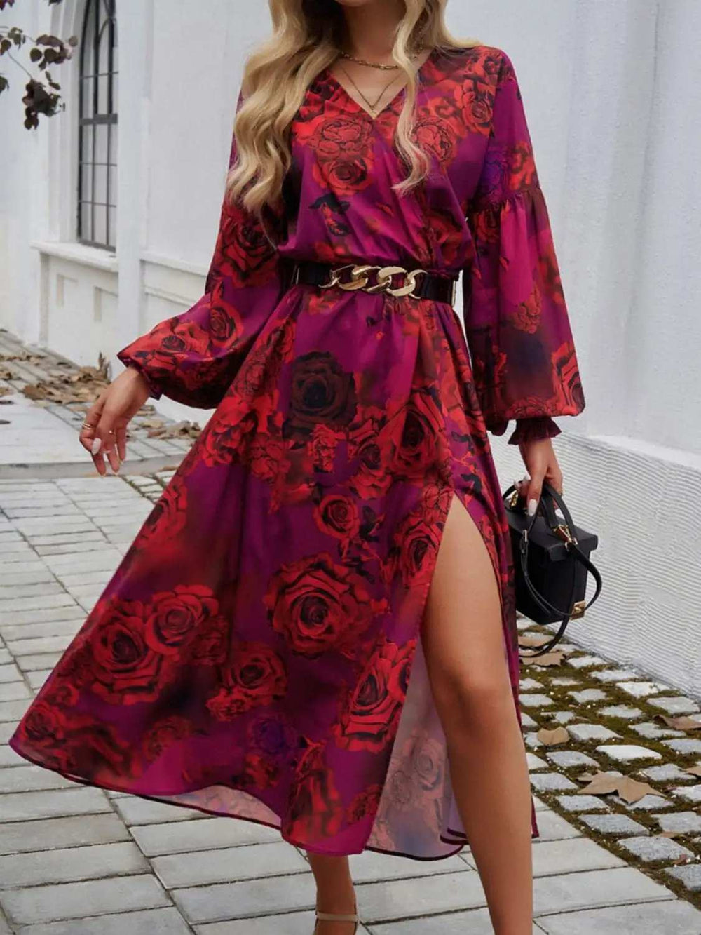 Split Printed Surplice Long Sleeve Midi Dress - Trendsi - Flyclothing LLC