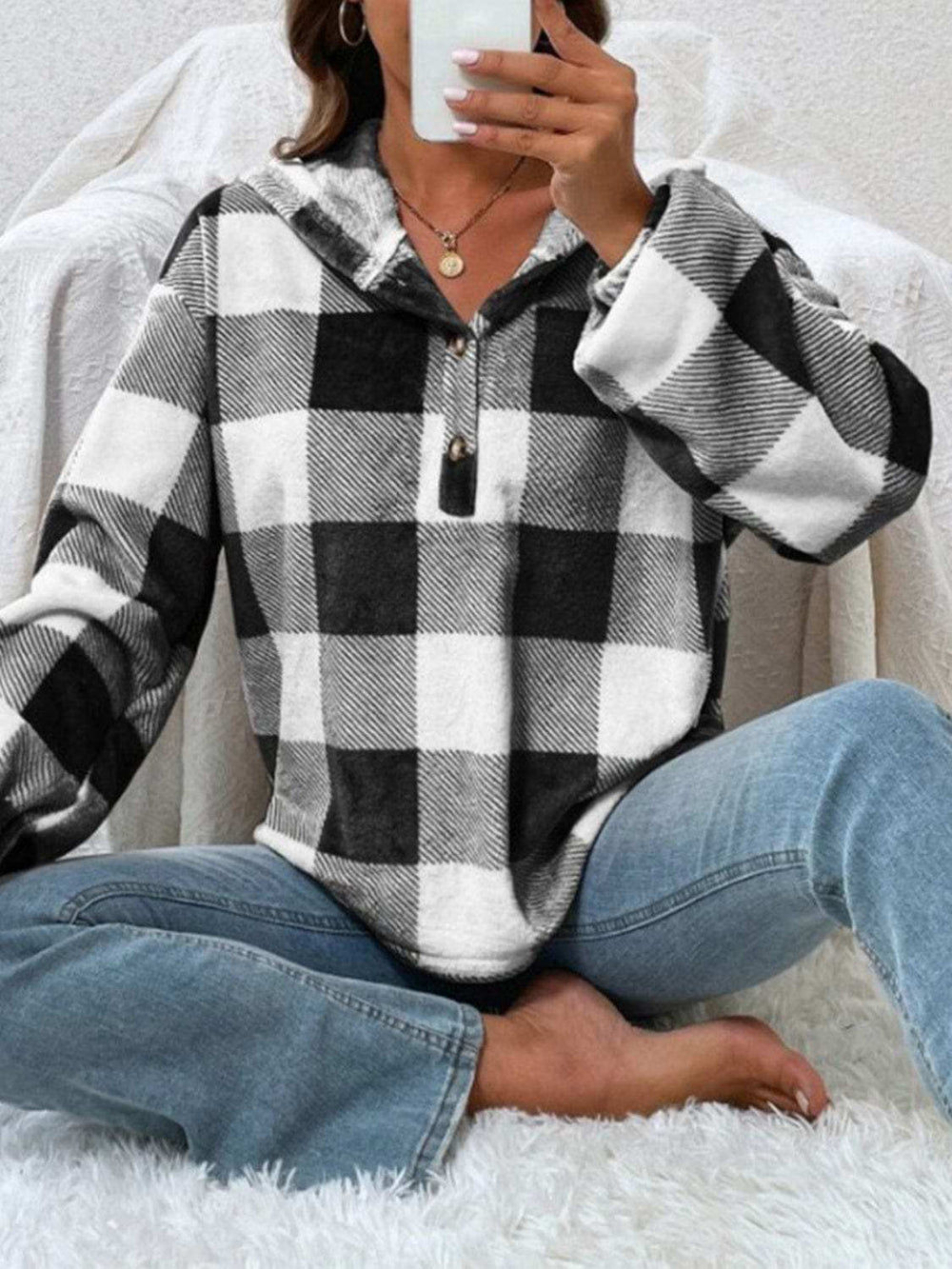 Plaid Half Button Long Sleeve Hoodie - Trendsi - Flyclothing LLC