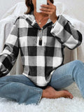 Plaid Half Button Long Sleeve Hoodie - Trendsi - Flyclothing LLC