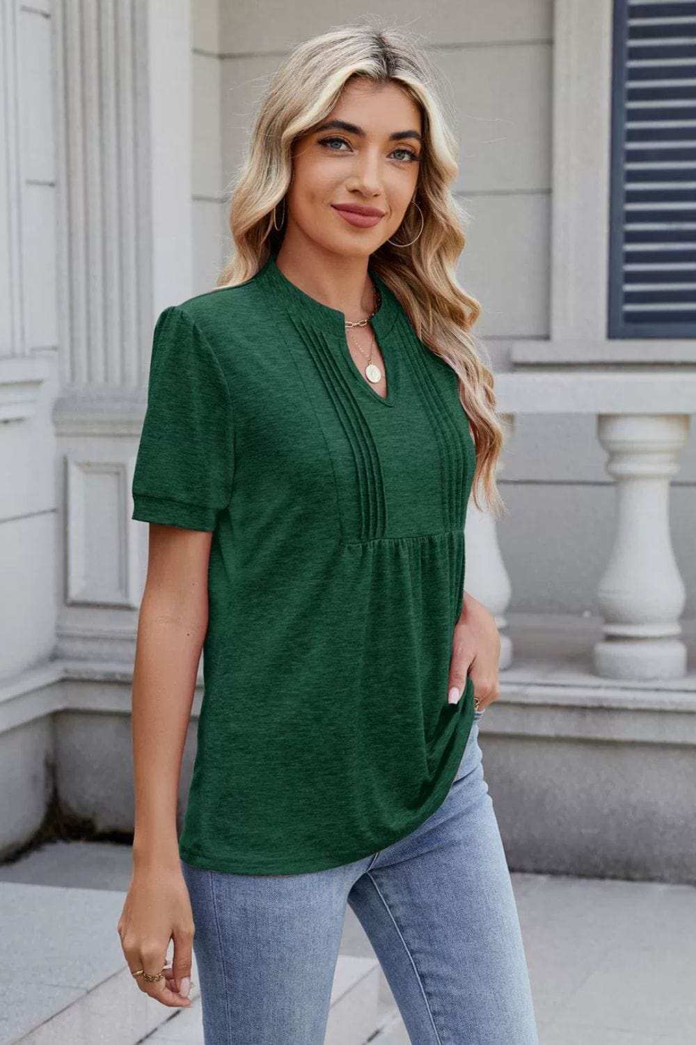 Notched Short Sleeve Top - Trendsi - Flyclothing LLC