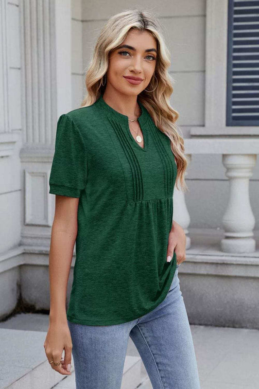 Notched Short Sleeve Top - Trendsi - Flyclothing LLC
