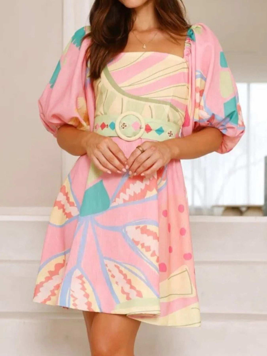 Colorful Print Belted Mini Dress with Puff Sleeves - Trendsi - Flyclothing LLC