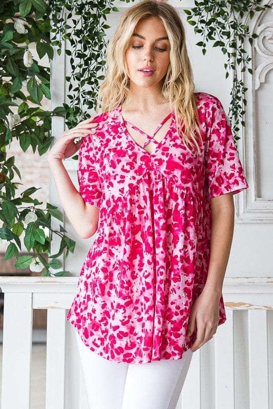 Heimish Full Size Short Sleeve Crisscross Animal Babydoll Top Plus Size - Trendsi - Flyclothing LLC